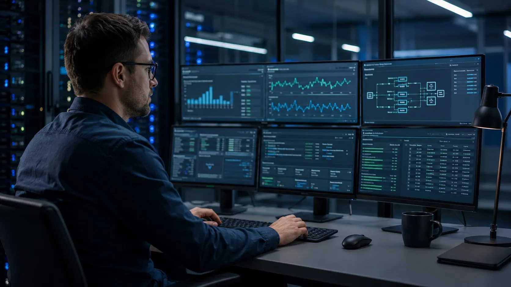 Administrator IT monitorujący działanie serwerów i usług hostingowych
