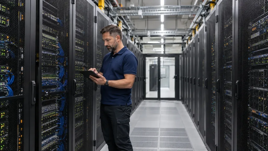 Obsługa serwerów u polskiego dostawcy hostingu - technik z tabletem sprawdzający szafy serwerowe w centrum danych dostawcy hostingu