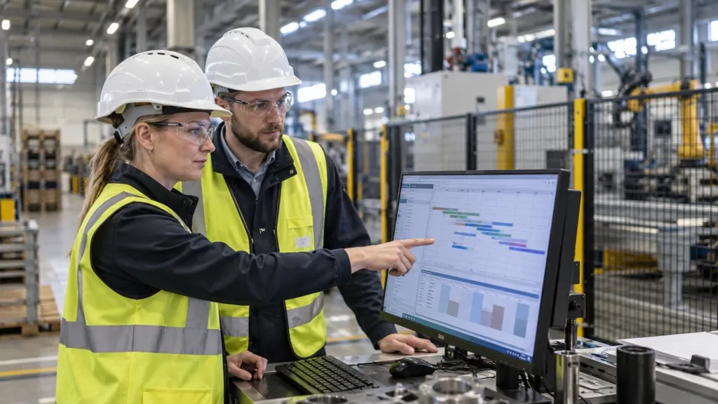 Obsługa systemów biznesowych w firmie produkcyjnej - pracownicy w kaskach i kamizelkach odblaskowych analizujący harmonogram produkcji na monitorze w hali